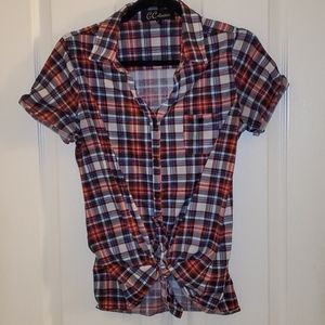 Plaid tie front button down shirt